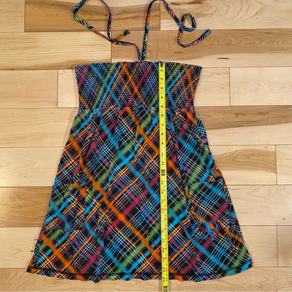 🤍 Y2K Colorful Plaid Smocked Halter Mini Dress OCEAN PACIFIC - Picture 8 of 9
